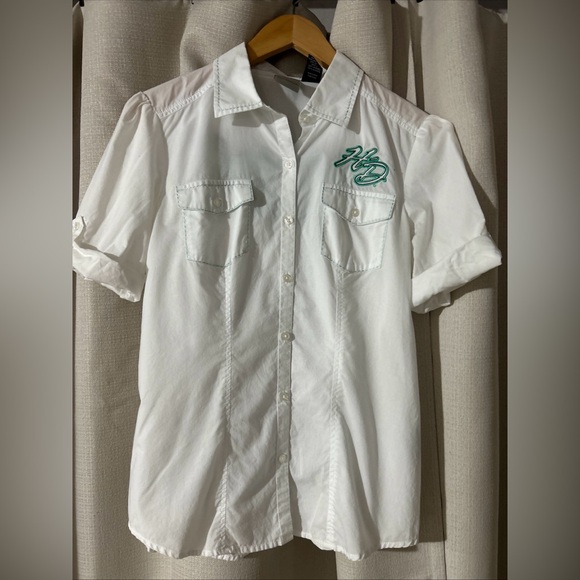 HARLEY DAVIDSON White BUTTON DOWN Short Sleeve BLOUSE SHIRT TOP~ Women's Medium - Picture 1 of 7